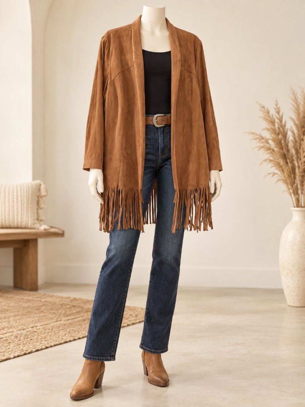 Chico’s Brown Faux Suede Fringe Jacket Size 4 XXL Western Boho Cowgirl
